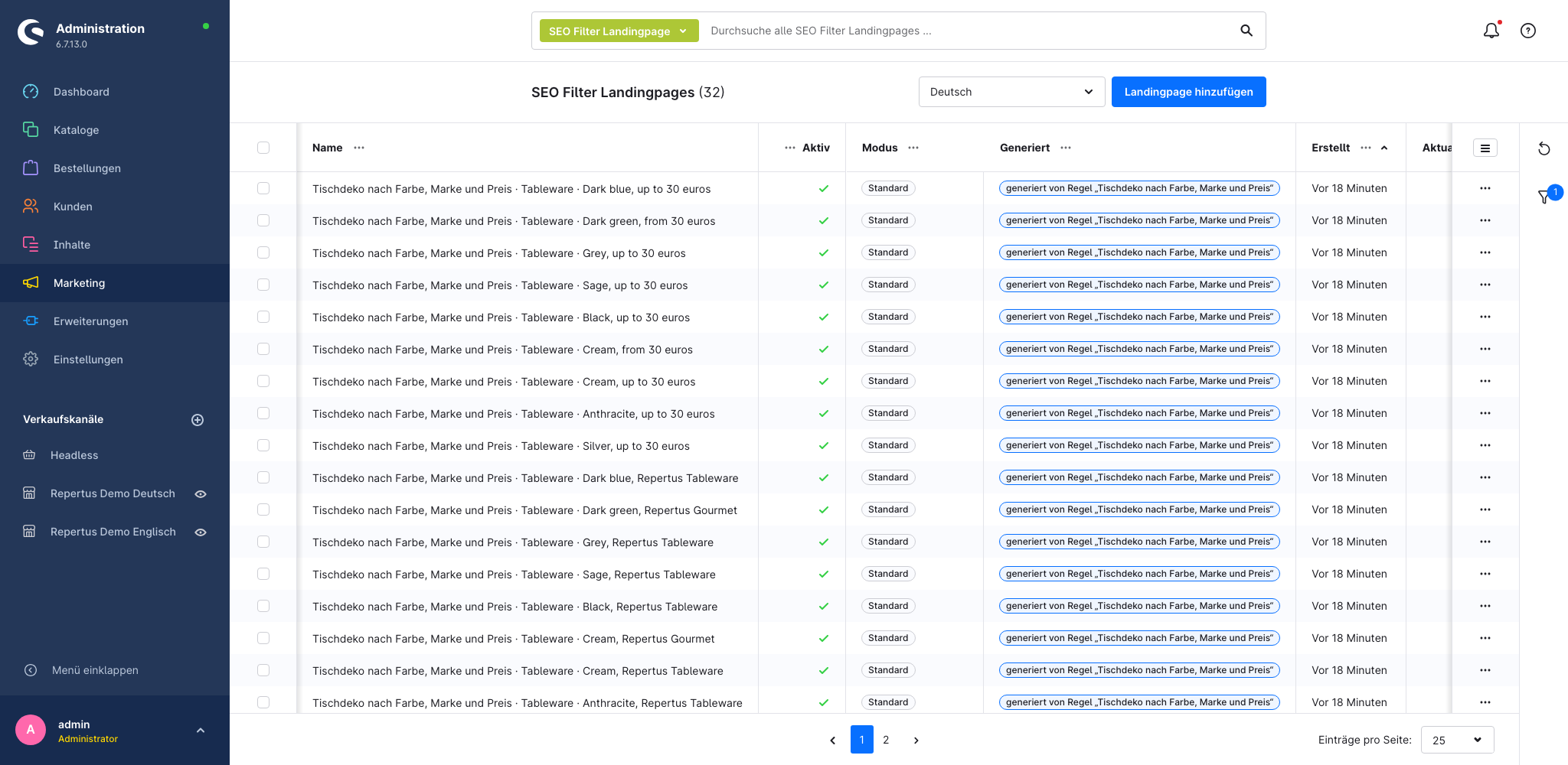 Generierte Seiten in der Landingpage-Liste