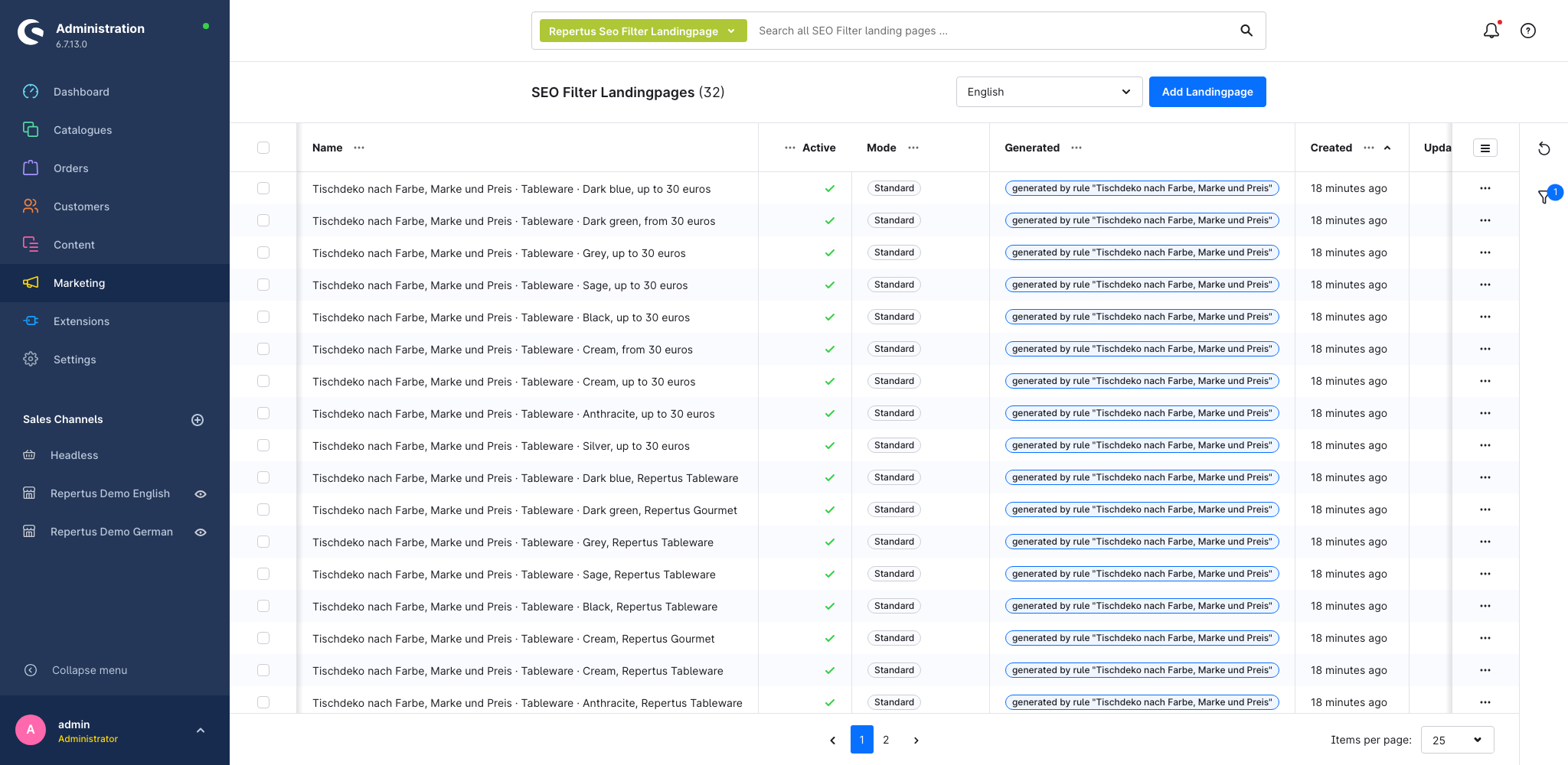 Generated pages in the landing page list