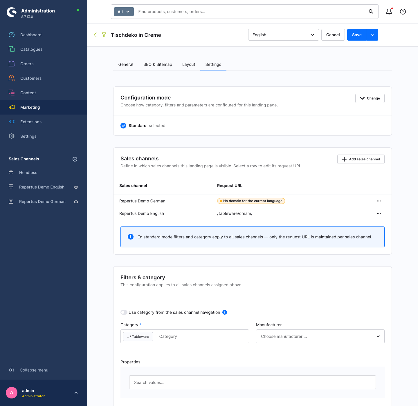 Settings tab in Standard mode