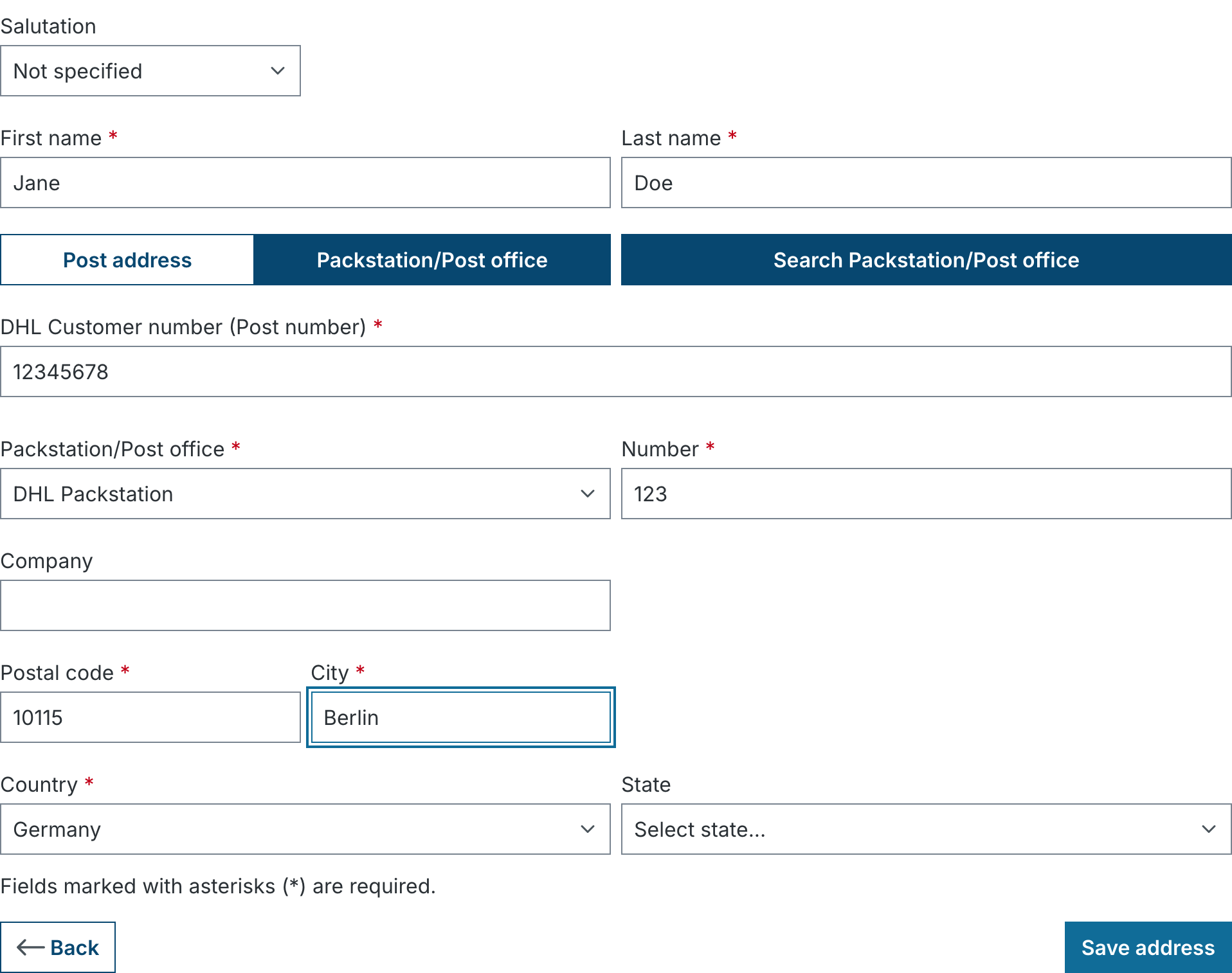 Address form with Packstation selected
