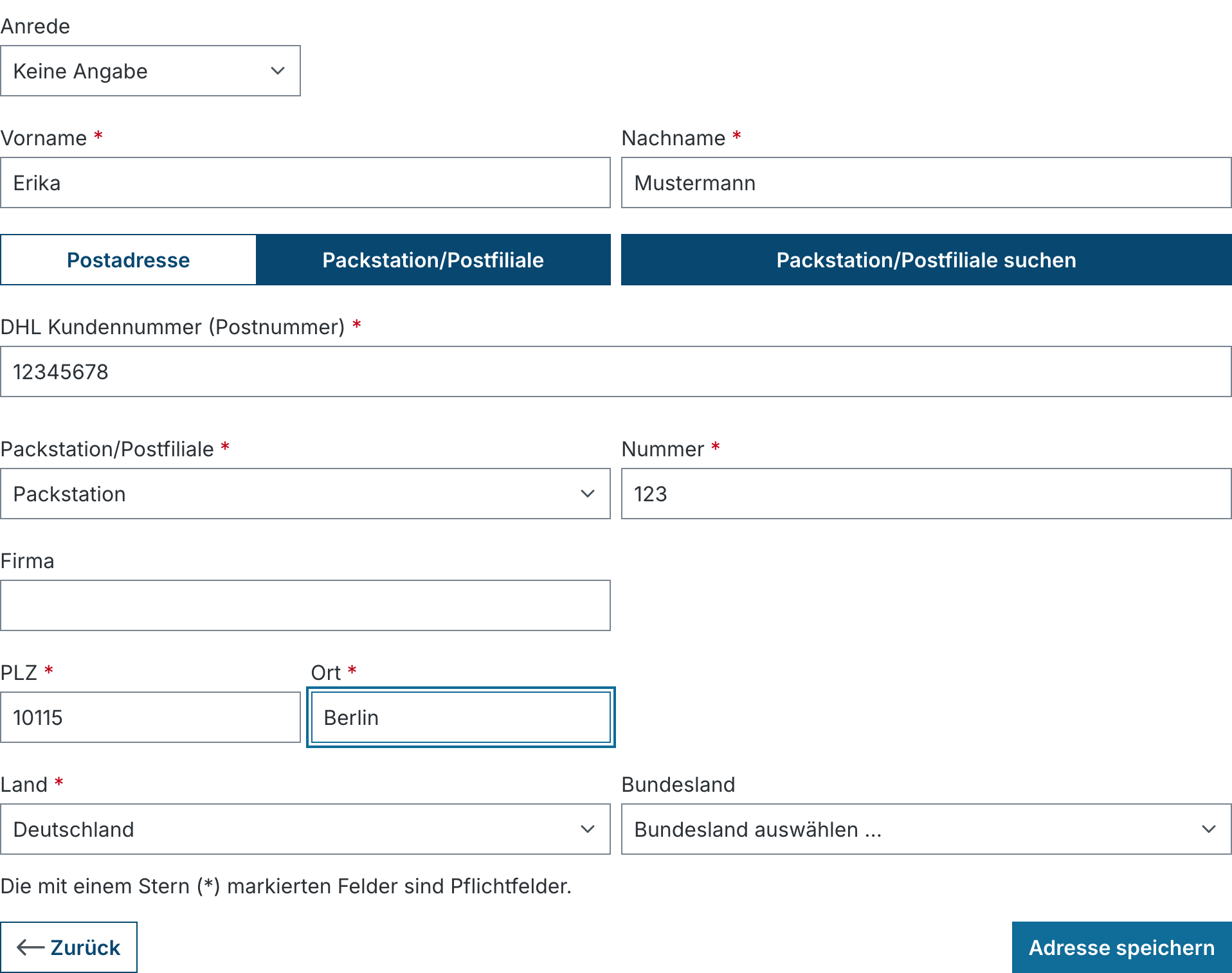 Adressformular mit Auswahl Packstation