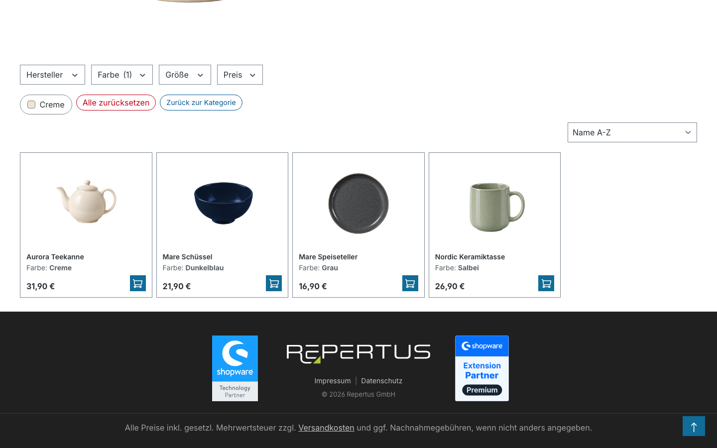 Filterleiste einer Landingpage